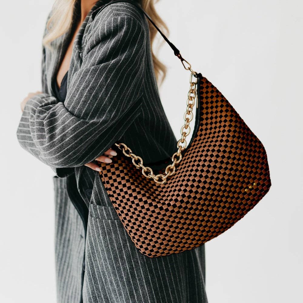Sienna Slouchy Woven Shoulder Bag | Checkered Coffee