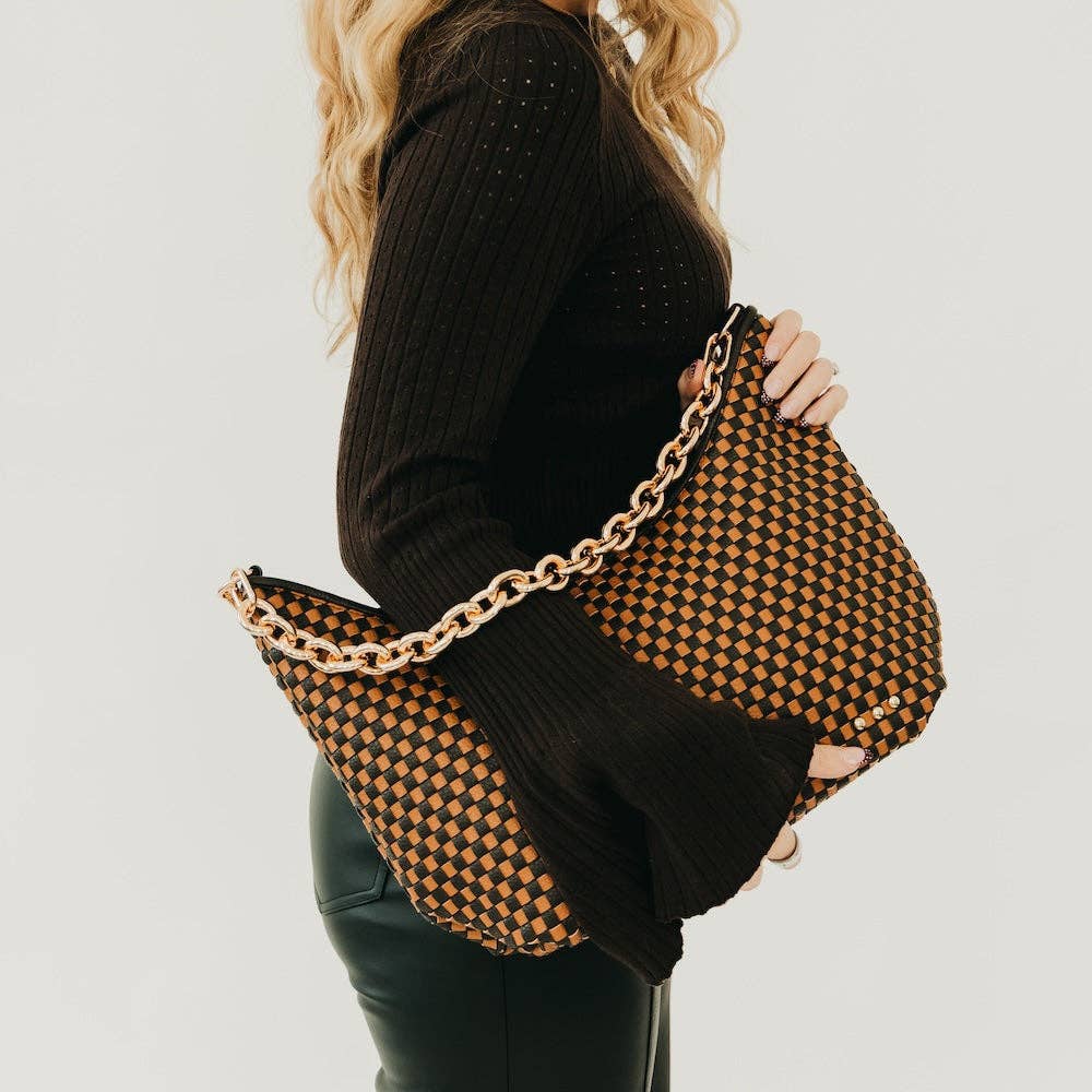 Sienna Slouchy Woven Shoulder Bag | Checkered Coffee
