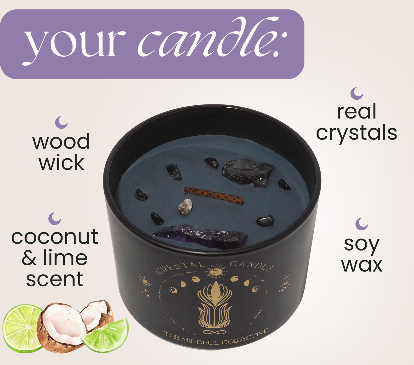 Black Crystal Candle 12oz – Amethyst & Smokey Quartz