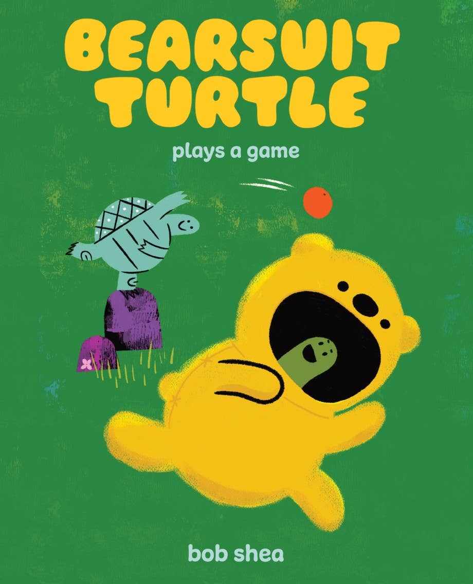 Book cover of 'Bearsuit Turtle plays a game' by Bob Shea with two cartoon characters on a green background.