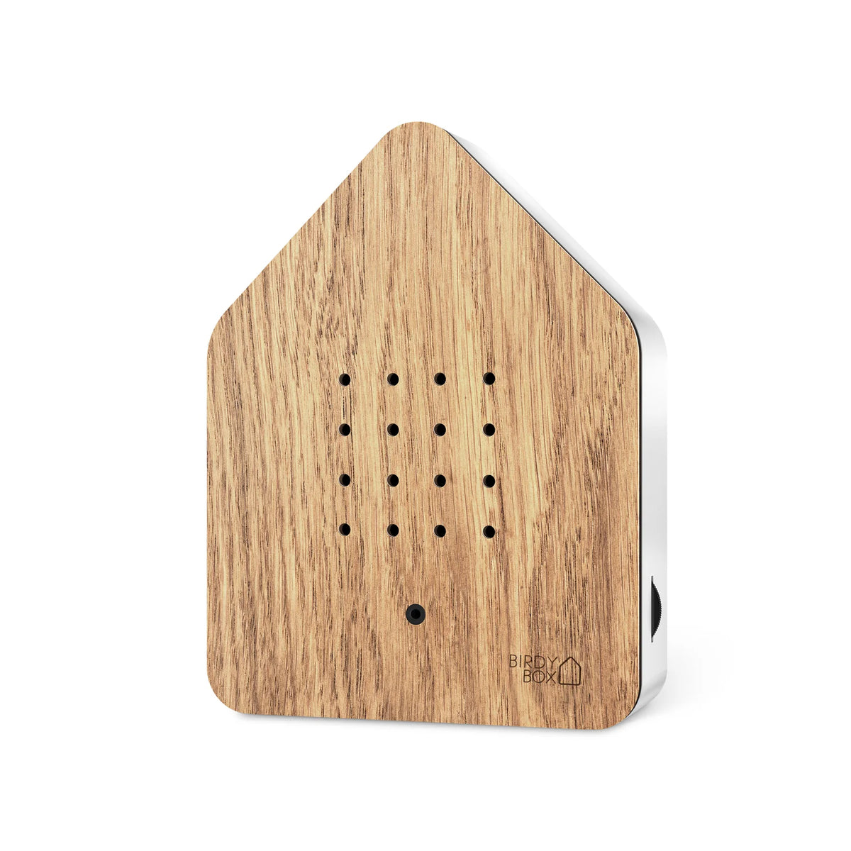 Wooden birdhouse-shaped sound machine with a brand logo on a white background