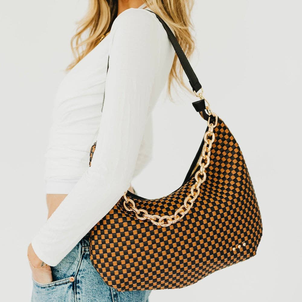 Sienna Slouchy Woven Shoulder Bag | Checkered Coffee