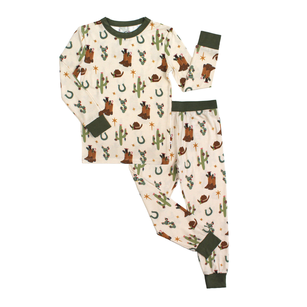 A two-piece children's pajama set laid flat on a white background, featuring a long-sleeve top and matching pants. The pajamas have an off-white base with a western-themed print of brown cowboy boots, green cacti, horseshoes, and small orange stars, finished with dark olive green ribbed cuffs and collar.