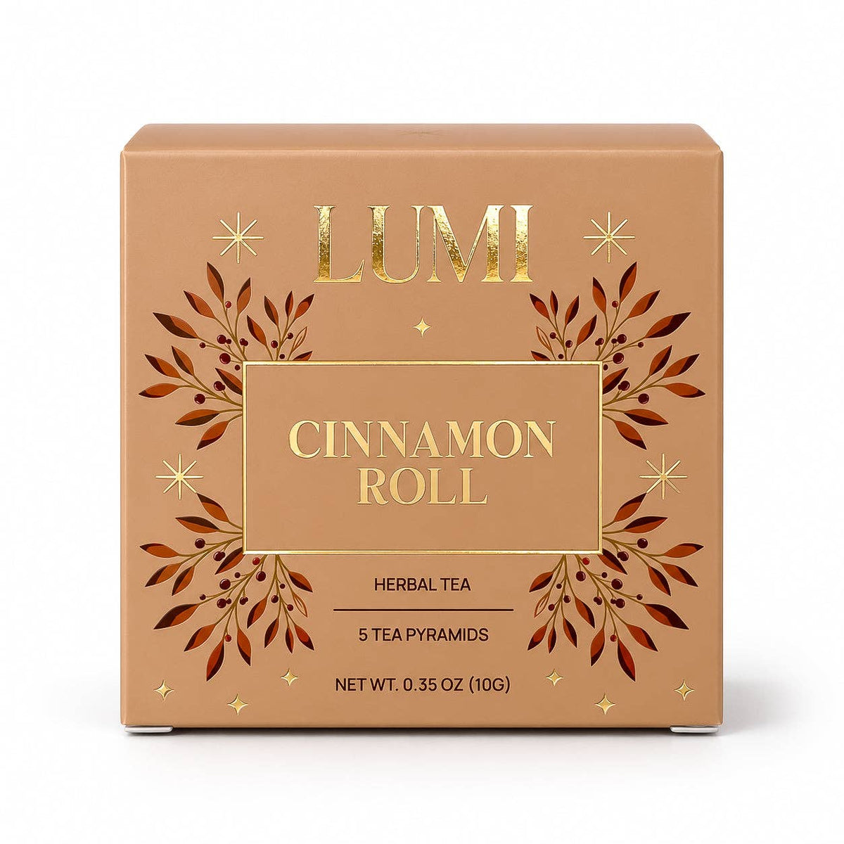 LUMI Cinnamon Roll Herbal Tea box in a warm tan color with gold foil lettering and decorative leaf illustrations, shown on a clean white background.