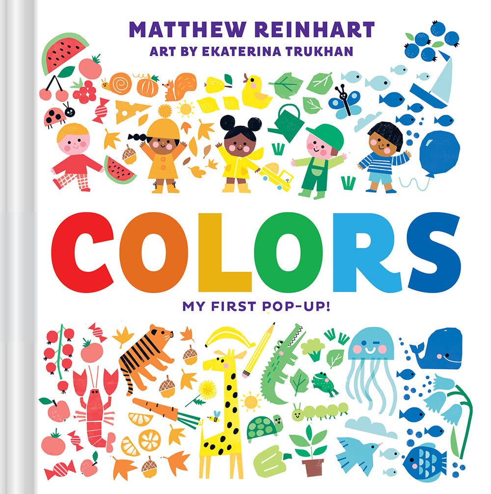 Children's book titled 'Colors' with colorful illustrations on a white background