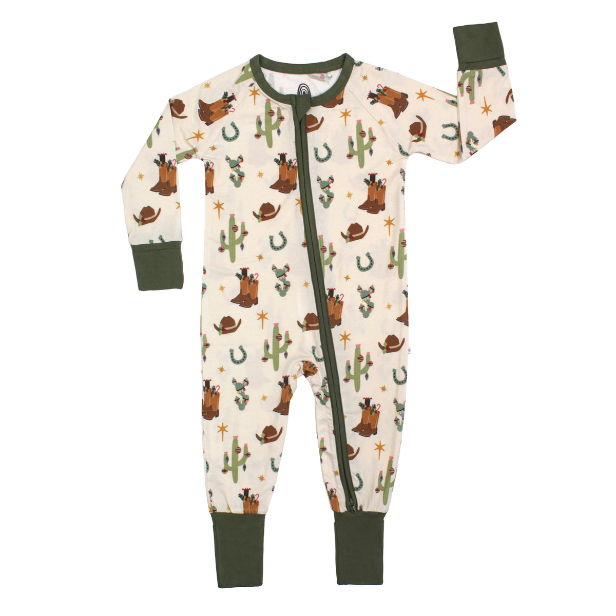 A baby's long-sleeve footless zip-up sleeper with a western-themed print of cacti, cowboy hats, and horses on an off-white background, featuring dark green cuffs, collar, and zipper trim.