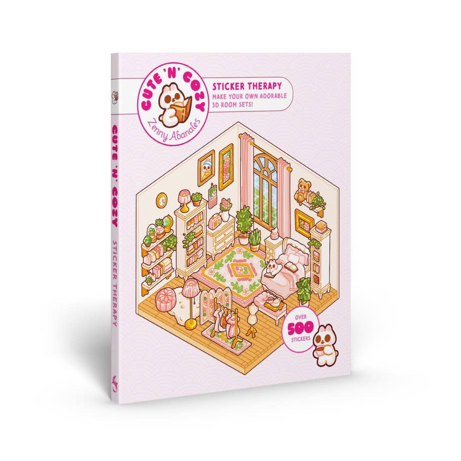 Sticker book cover with a room illustration and 'Cute 'n' Cozy' branding on a white background
