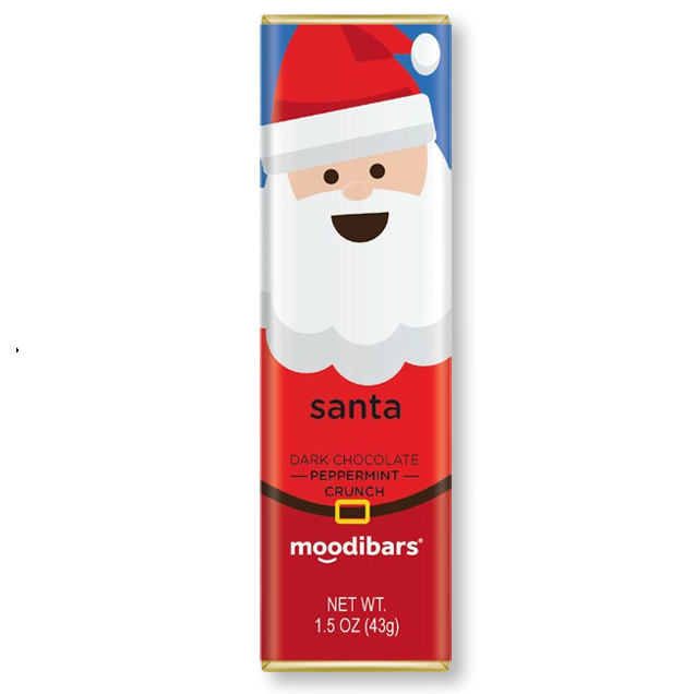 A Moodibars Santa-themed dark chocolate bar in its retail packaging, featuring a red and white Santa design with a cartoon face on a plain white background.
