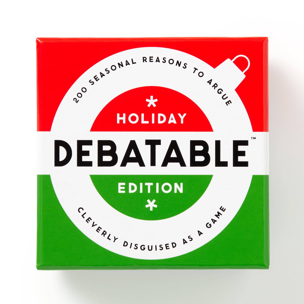 Box of 'Debatable' game with red and green design on a white background