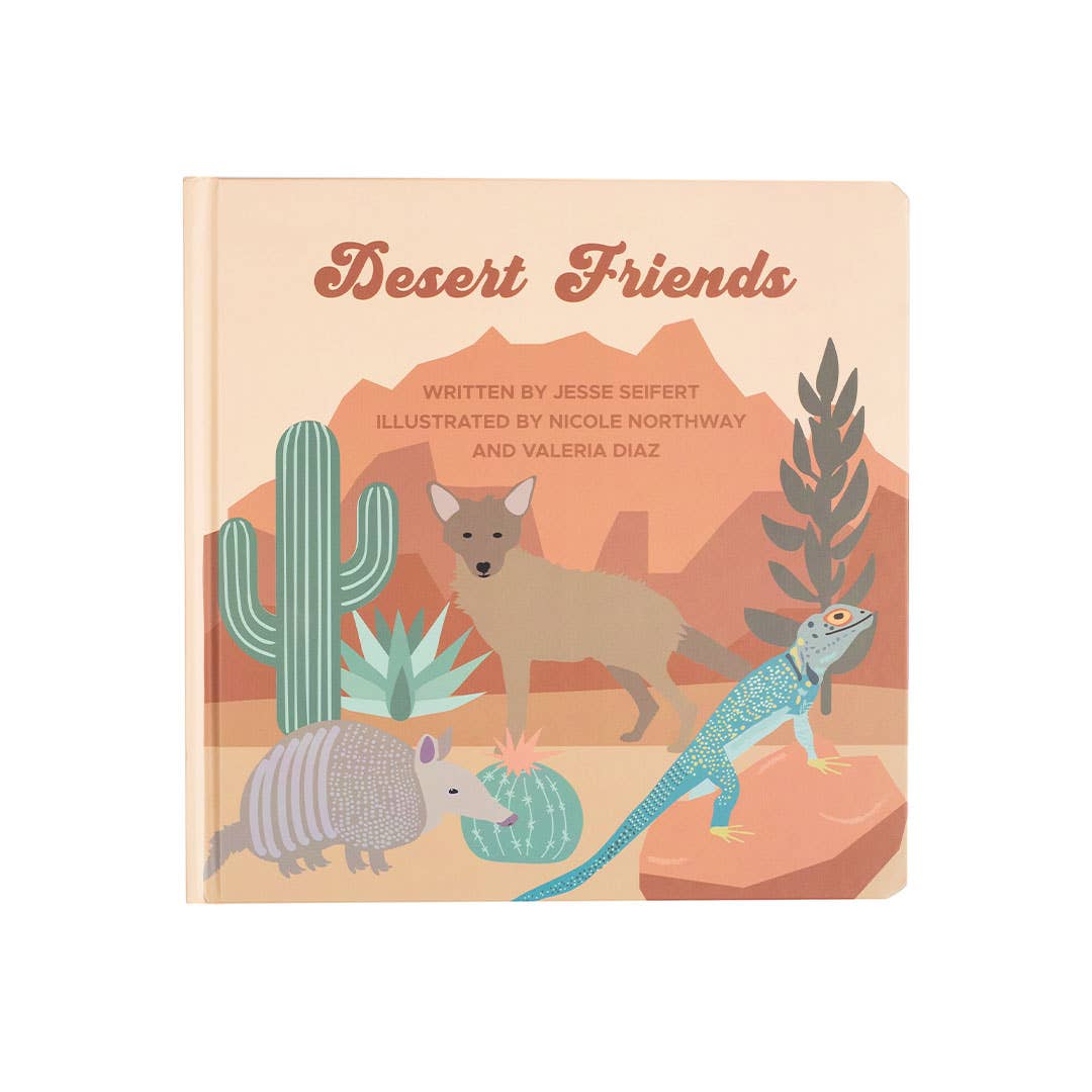 A children's hardcover book titled 'Desert Friends' featuring a colorful desert illustration with a fox, armadillo, lizard, cactus, and mountains on the cover, shown against a plain white background.
