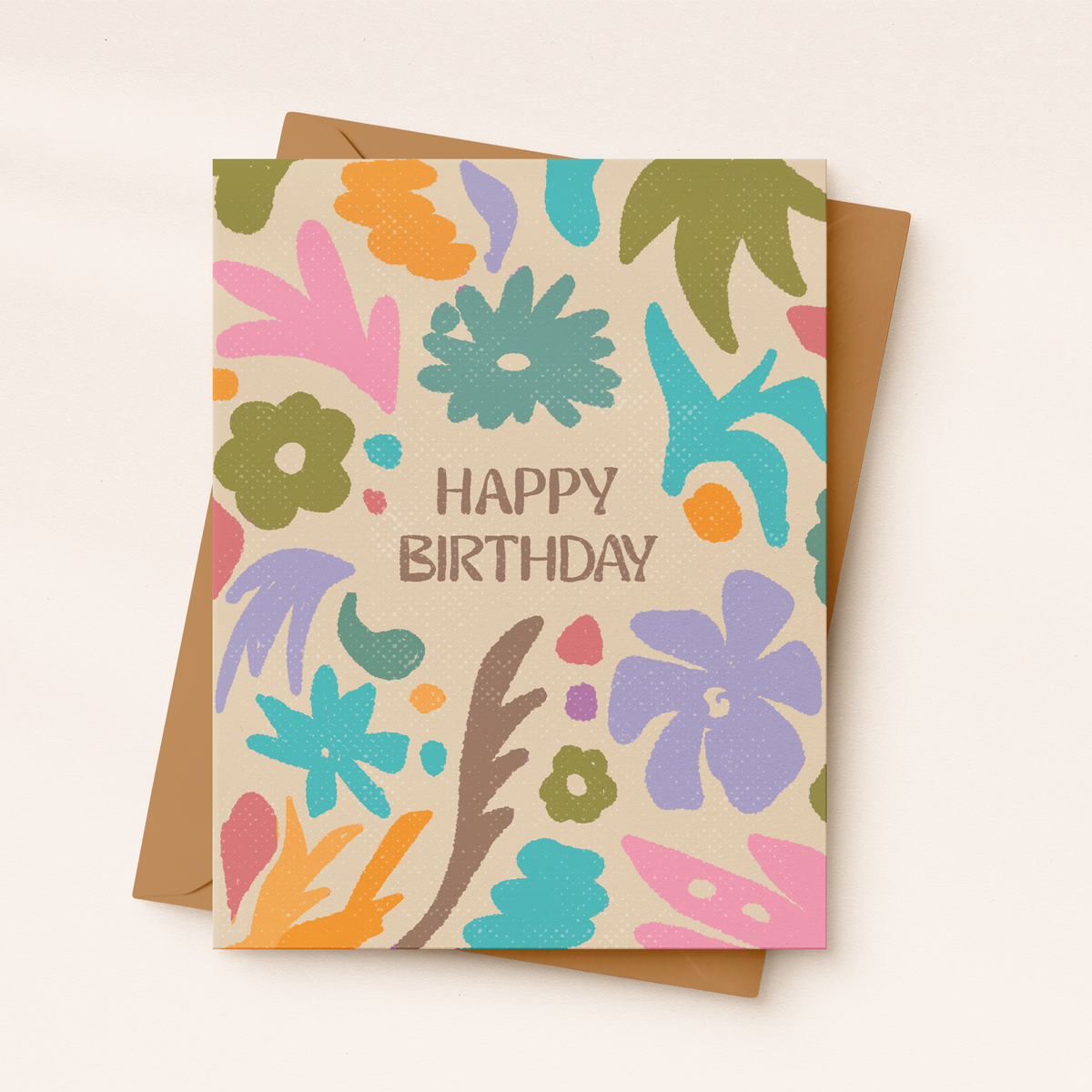 Colorful floral birthday card with 'Happy Birthday' text on a beige background