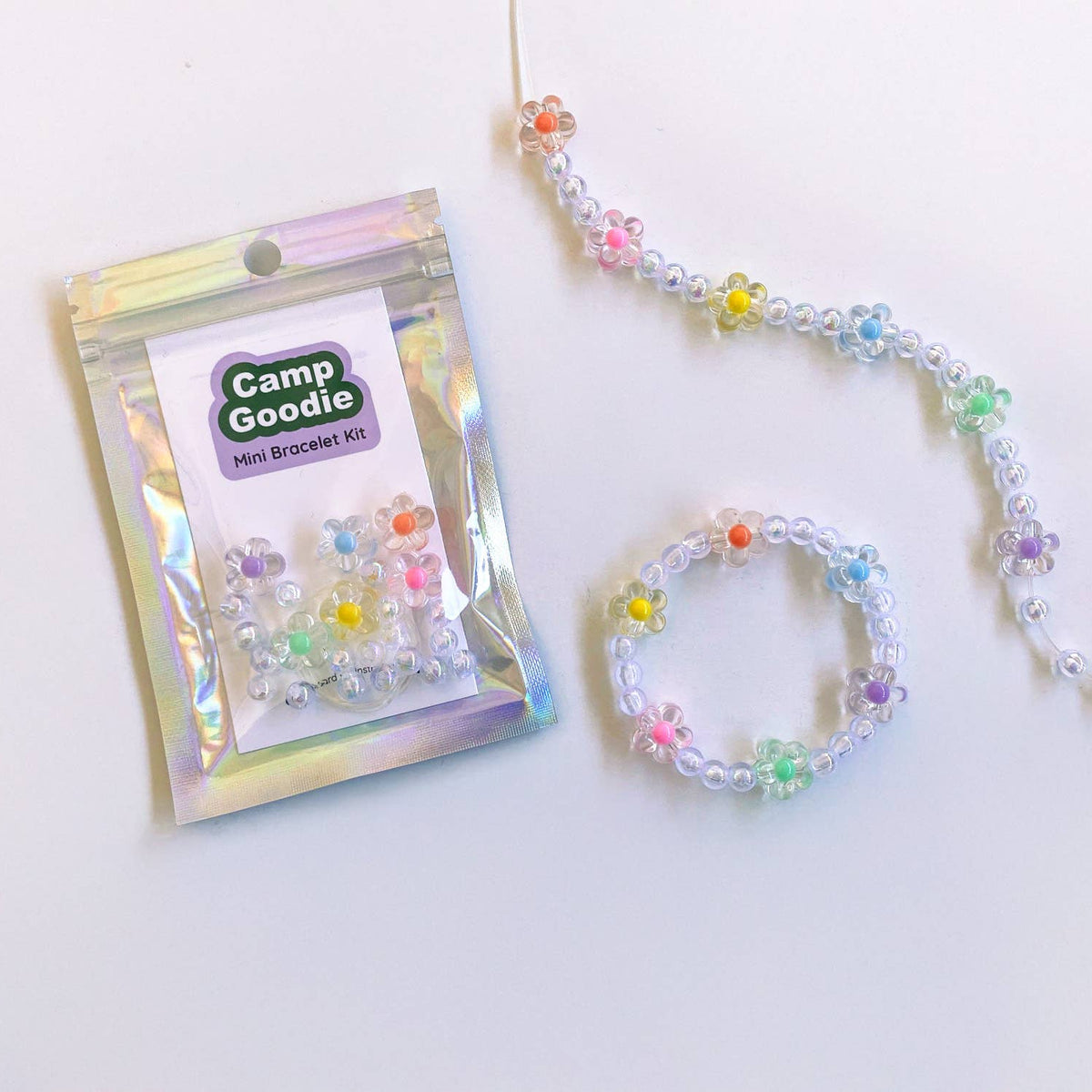 Camp Goodie DIY bracelet kit with a completed bracelet on a white background