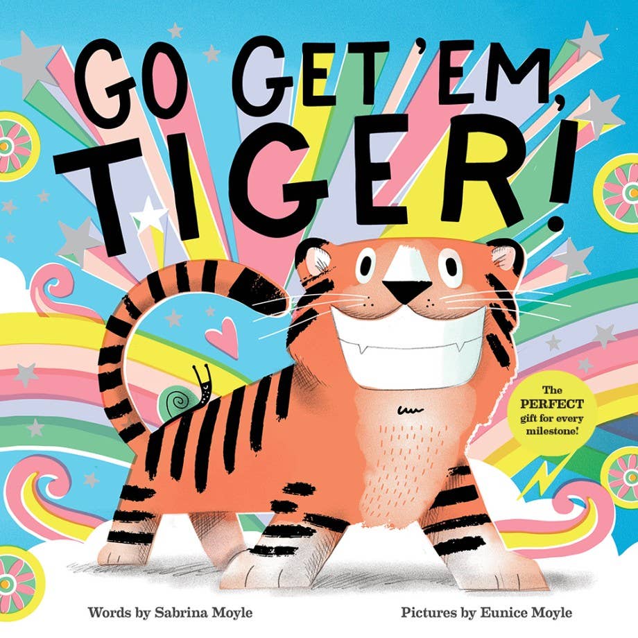 Book cover of 'Go Get 'Em, Tiger!' with a colorful tiger illustration and rainbow background.