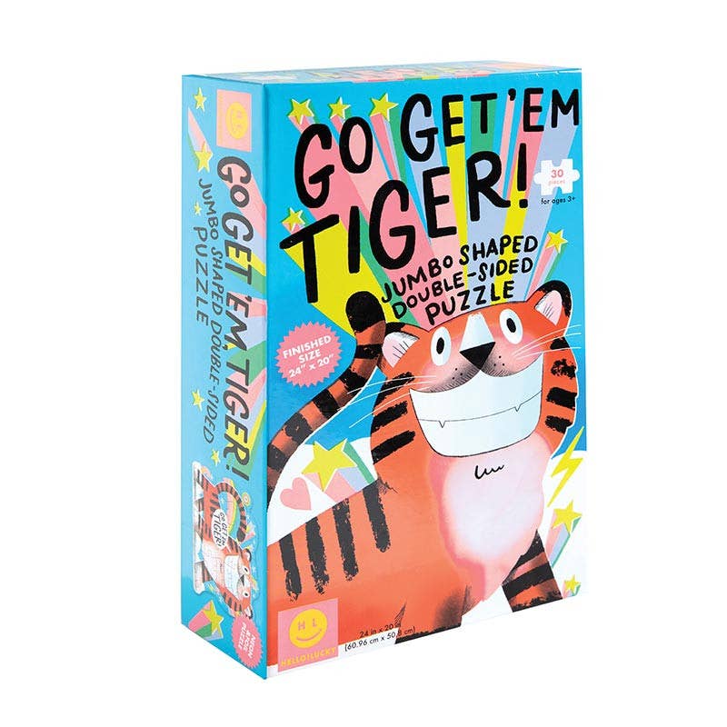 Puzzle box with a tiger design and text on a white background