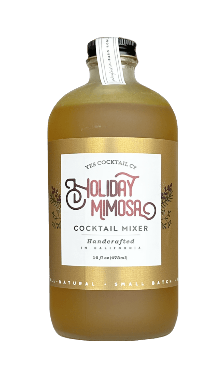 A 16 fl oz glass bottle of YES Cocktail Co. Holiday Mimosa Cocktail Mixer, filled with a golden-amber liquid and featuring a white label with red and black text, set against a plain white background.