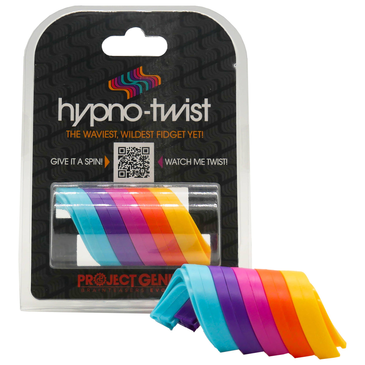 Project Genie Hypno-Twist fidget toy in its original blister packaging, with several loose rainbow-colored silicone strips displayed in the foreground against a white background.