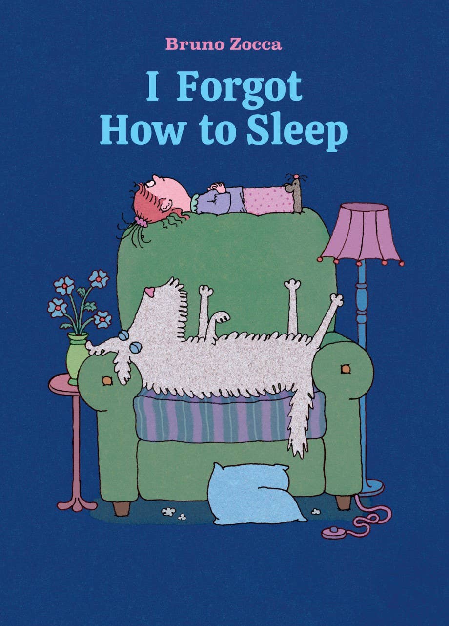 Book cover of 'I Forgot How to Sleep' by Bruno Zocca with a cartoon cat on a green armchair.