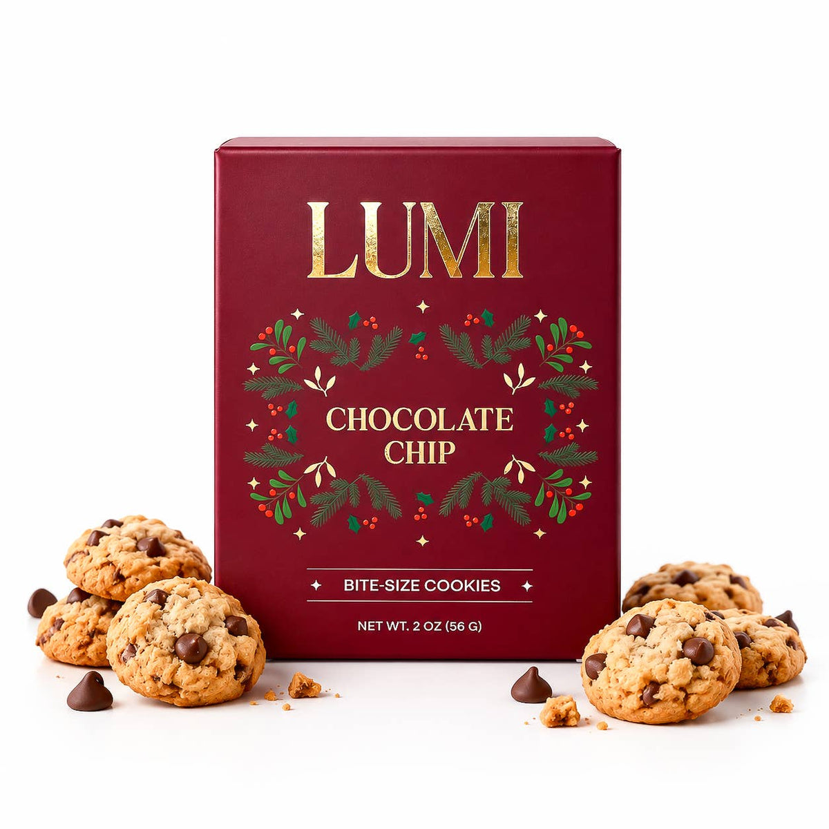 A box of Lumi Chocolate Chip bite-size cookies in a deep red holiday-themed package with gold lettering and green/red decorative accents, shown with several cookies and chocolate chips scattered on a white background.