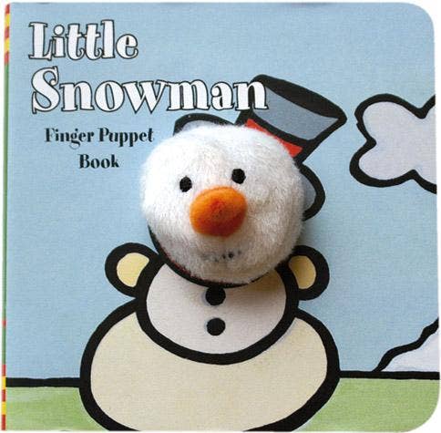 Book cover of 'Little Snowman Finger Puppet Book' with a snowman puppet on a blue background.