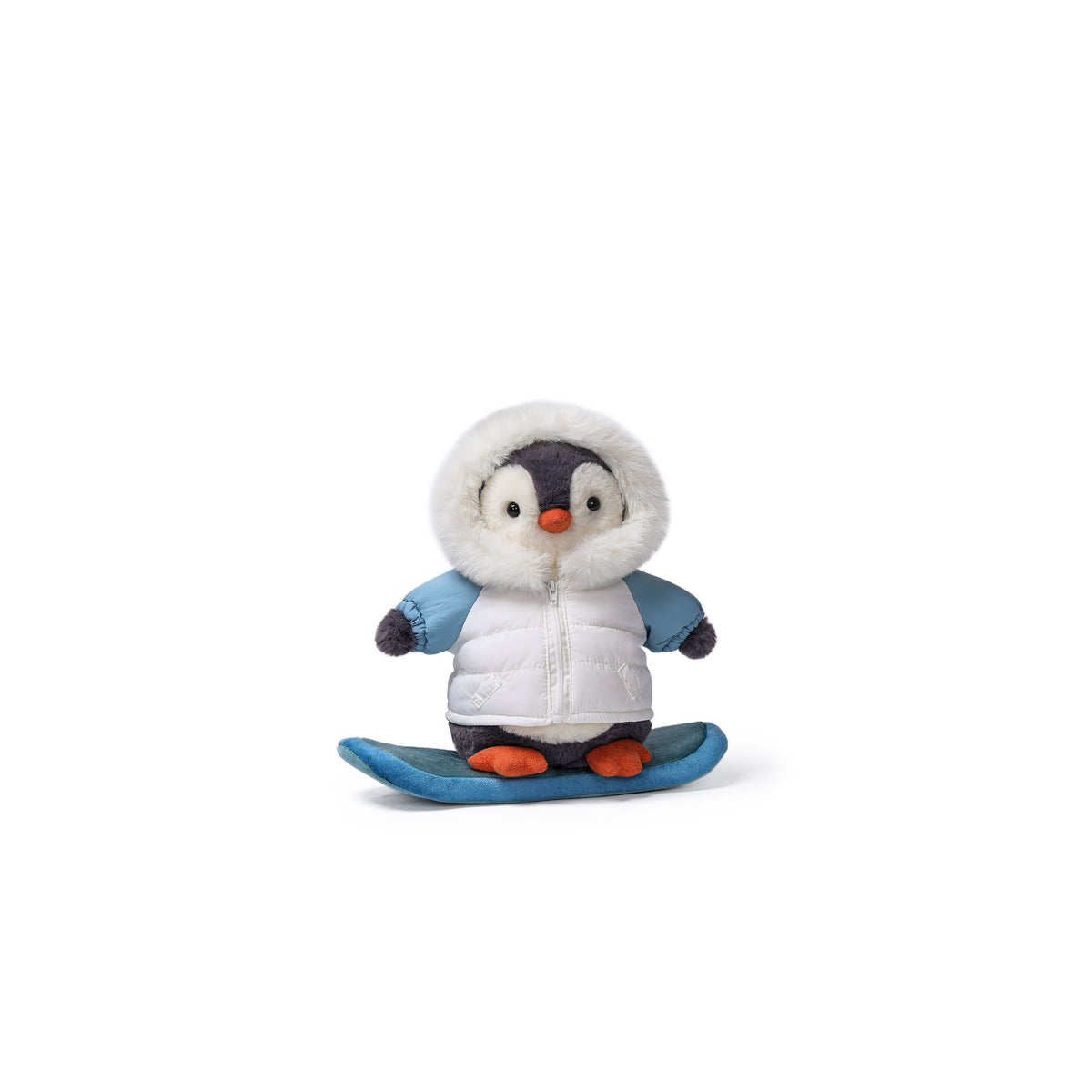 A plush toy penguin wearing a white hooded puffer jacket with light blue sleeves and standing on a blue snowboard, photographed against a plain white background.