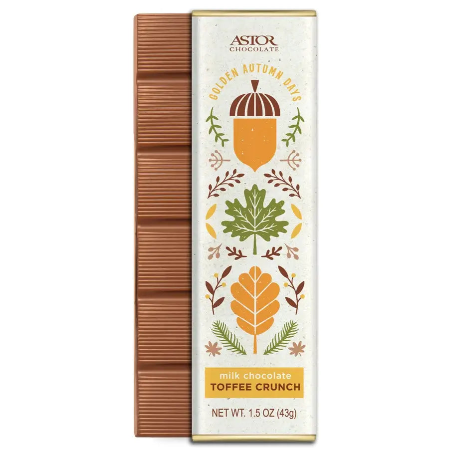 Chocolate Bar with Acorn 
7 Leaf graphics with "Golden Autumn Days" and labeled milk chocolate toffee crunch 