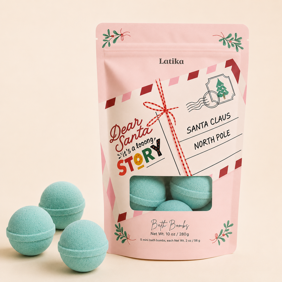 A pink stand-up pouch of Latika bath bombs with a clear window showing three mint green round bath bombs, with two additional bath bombs placed in front on a light beige background.