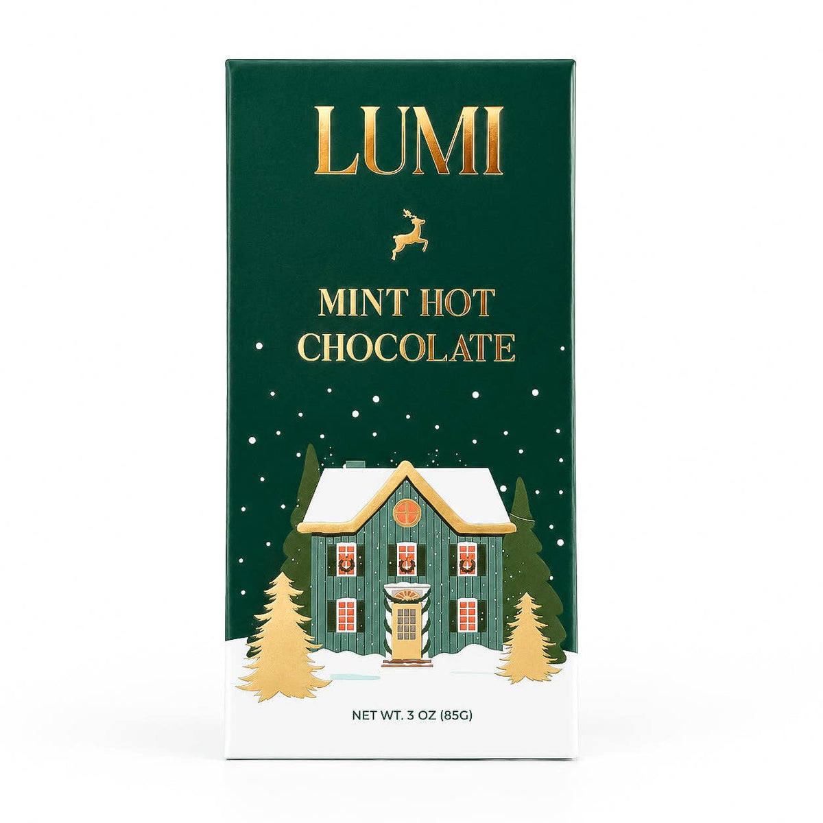 LUMI Mint Hot Chocolate chocolate bar in a dark green box with gold lettering and a winter house illustration on the front, shown on a white background.