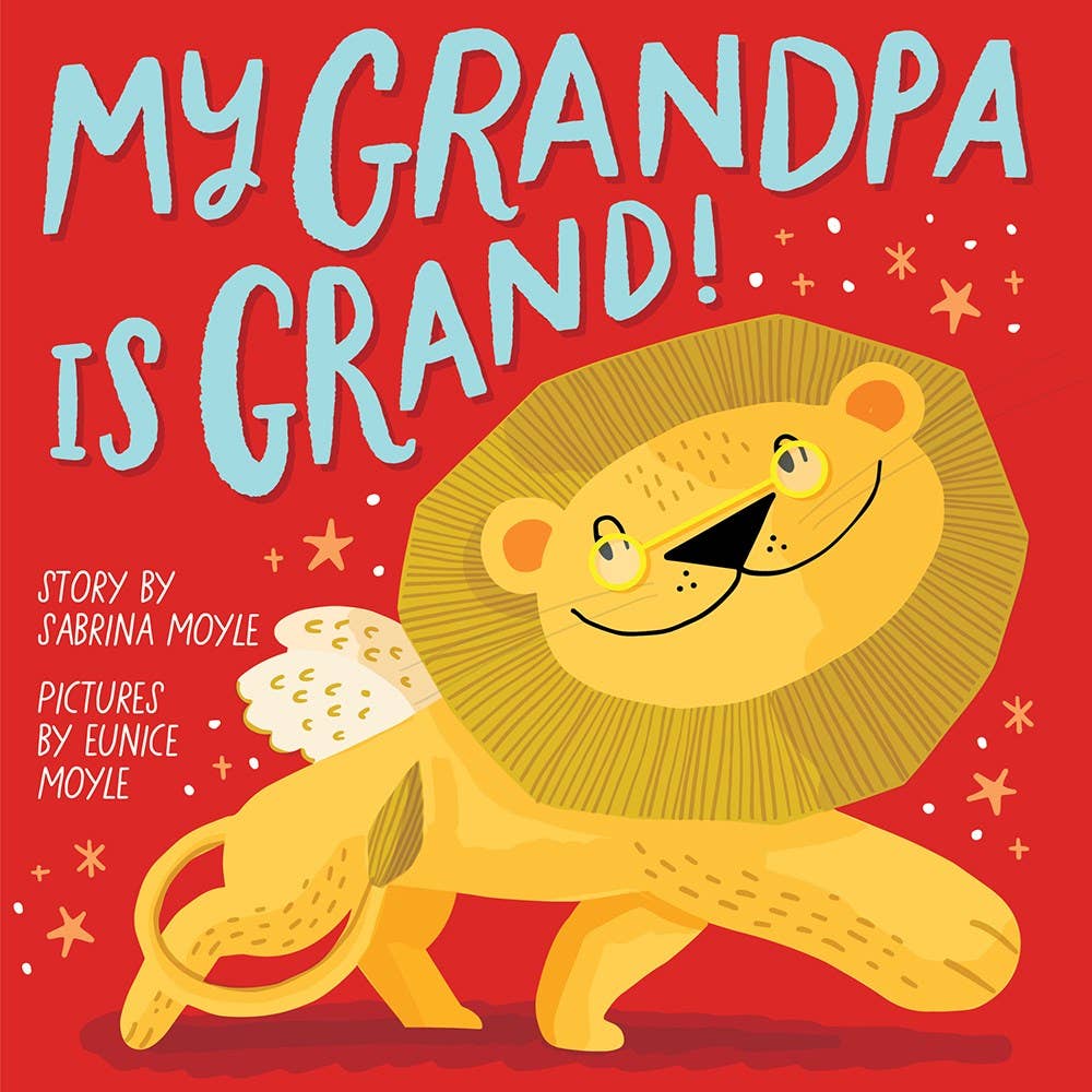 Book cover of 'My Grandpa is Grand!' with a lion illustration on a red background