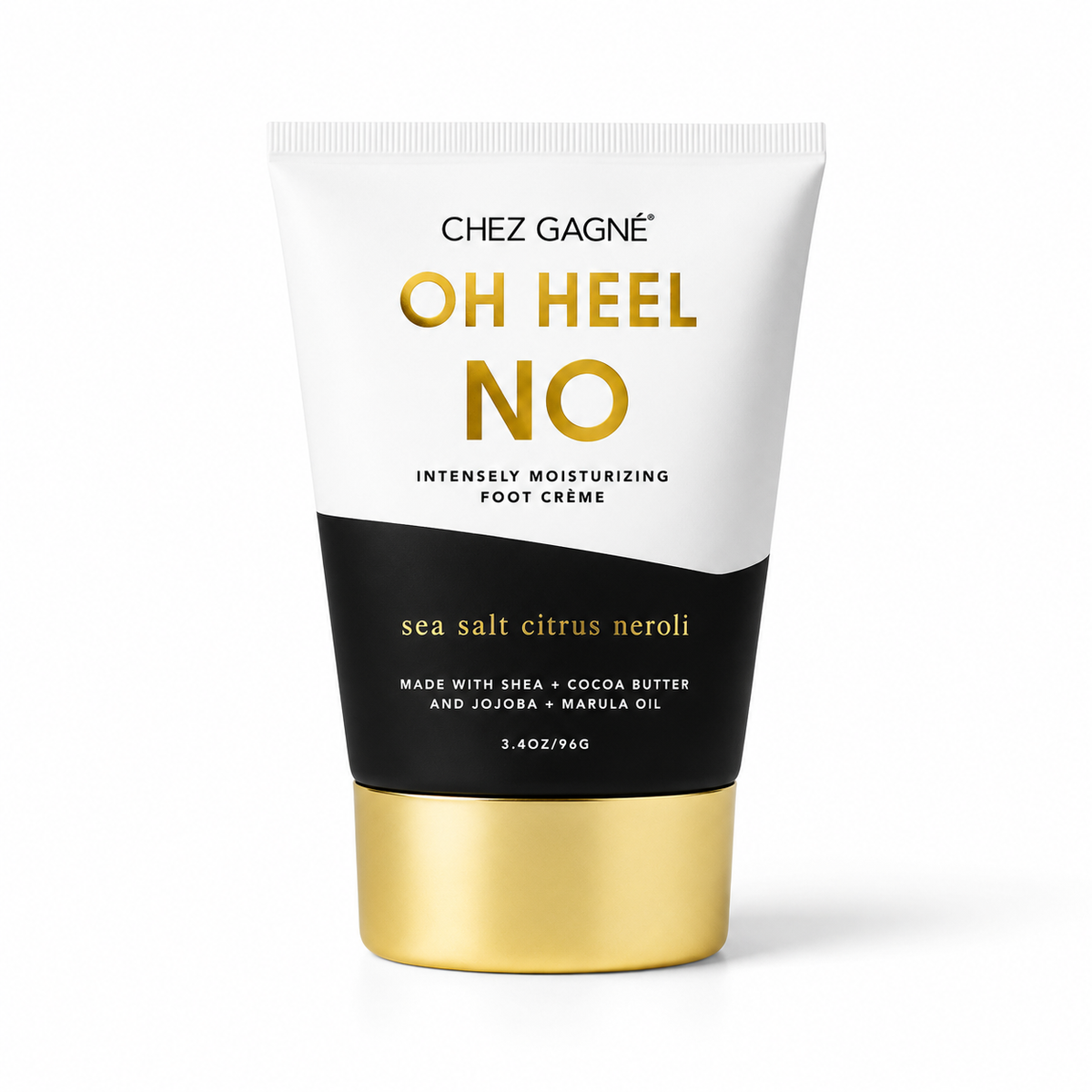 White and black bottle of Foot Cream labeled "Oh Heel No"