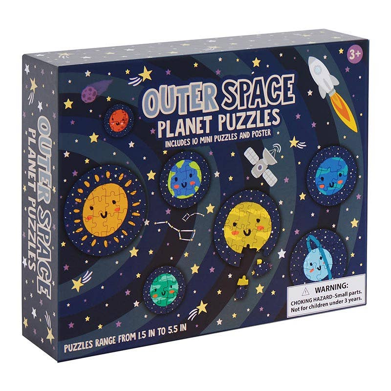 Outer Space Planet Puzzles jigsaw puzzle box featuring a colorful space-themed design with planets, stars, and a rocket on a dark blue background.
