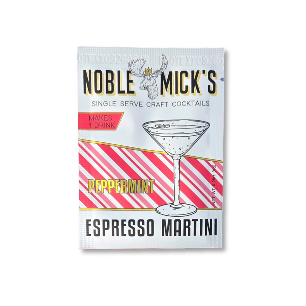 A single-serve packet of Noble Mick's Espresso Martini Peppermint Single Serve Craft Cocktails, featuring a white background with red and pink striped graphics and a martini glass illustration.