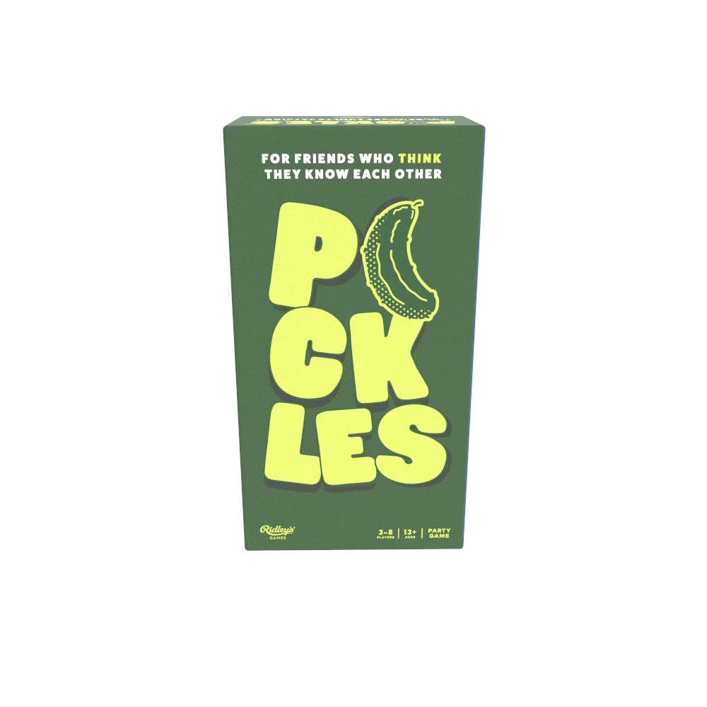 Card game box titled 'Pickles' with a banana illustration on a white background