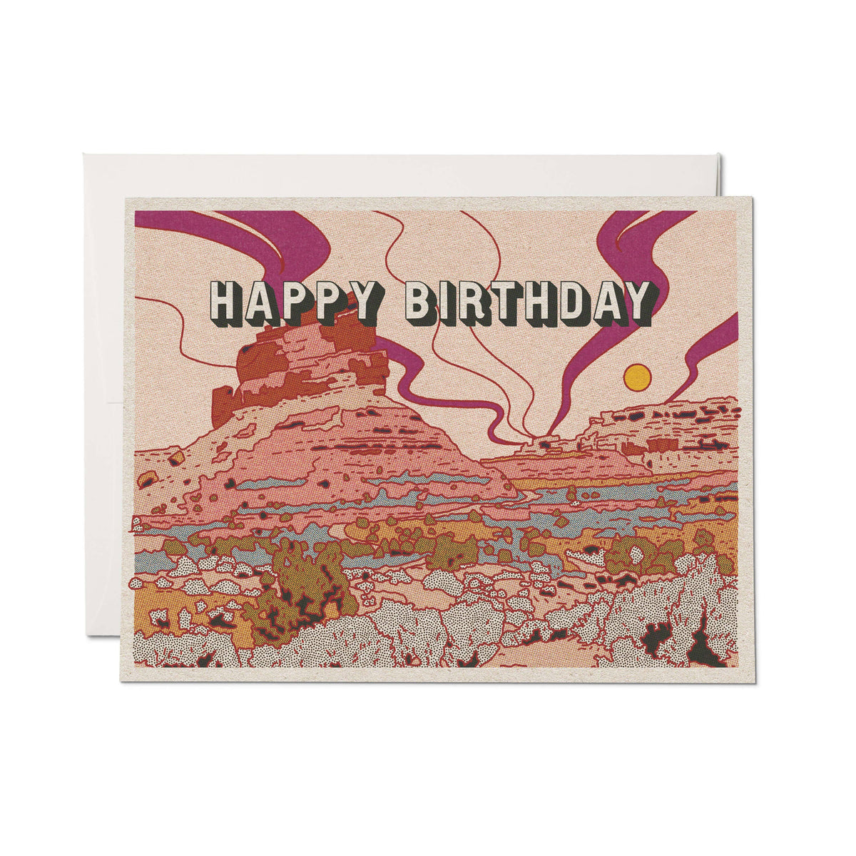Birthday card with desert landscape design and 'Happy Birthday' text