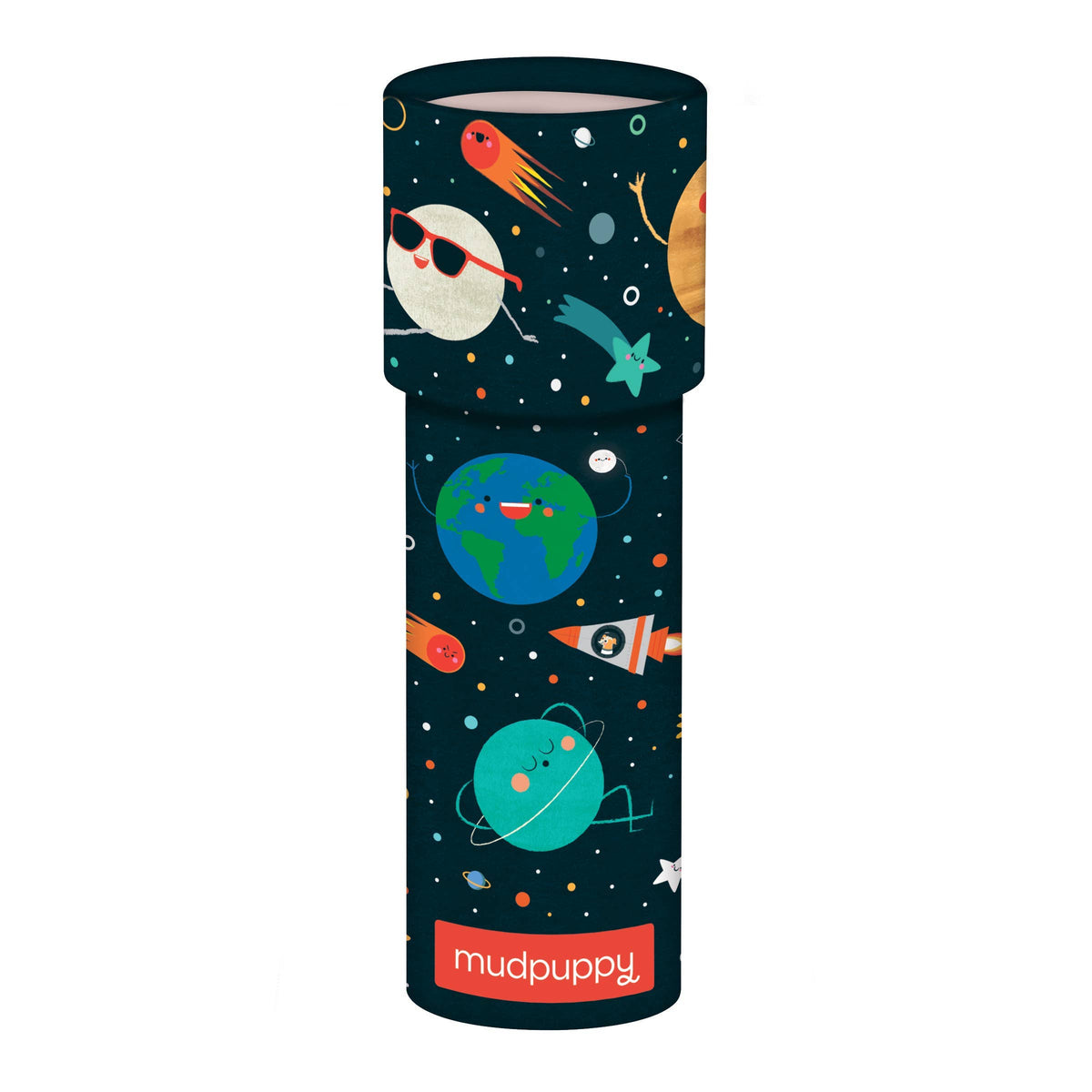 Tall cylindrical kaleidoscope with space-themed design on a white background