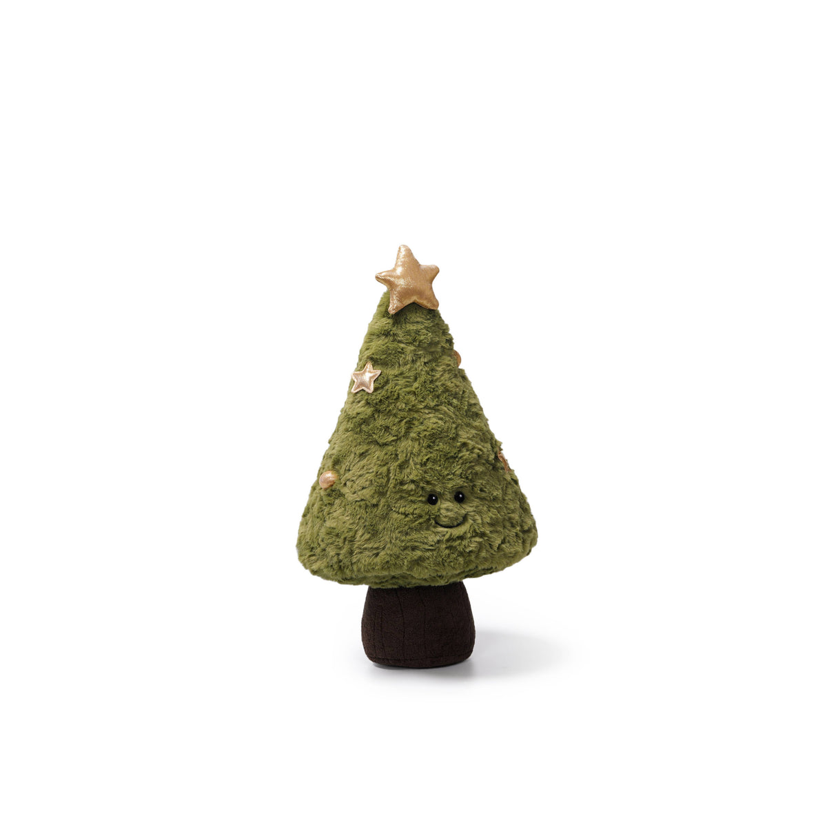 A small decorative Christmas tree figurine with a textured olive green mossy body, a dark brown base, and a shiny gold star on top, set against a plain white background.