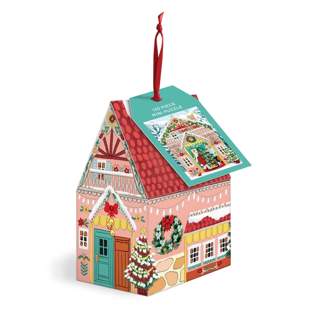 A Christmas-themed jigsaw puzzle box shaped like a gingerbread house, featuring a red hanging ribbon and a teal tag that reads '100-piece mini puzzle'. The box is decorated with festive illustrations including a decorated Christmas tree, wreaths, and a red patterned roof, set against a plain white background.