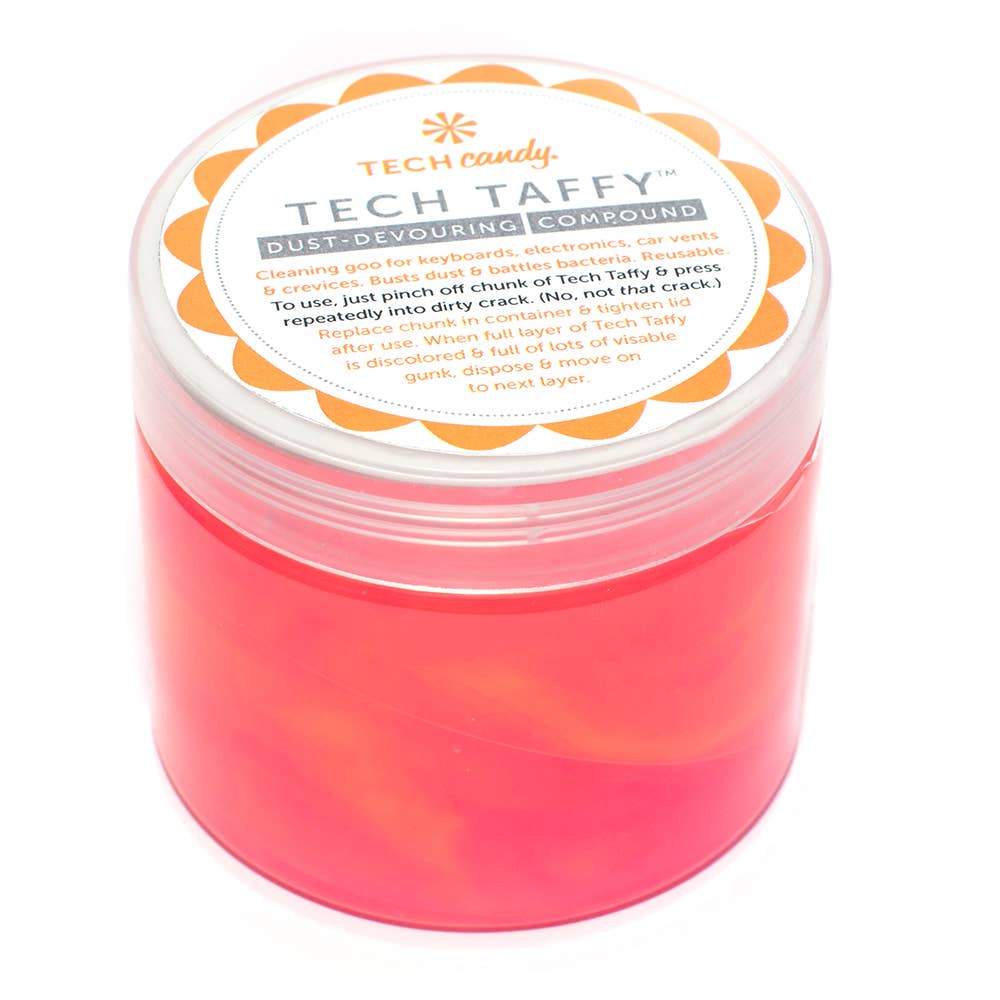 Jar of Tech Taffy with a white lid on a white background