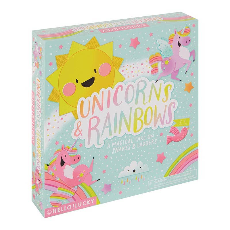 Board game box with unicorns, rainbows, and a sun on a light blue background