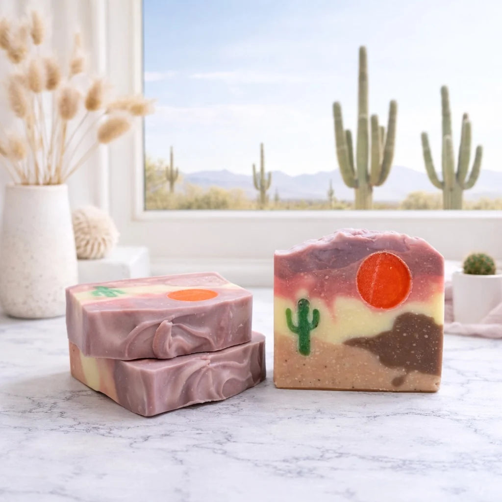 Three colorful soap bars with desert-themed designs called "Valley of the Sun"