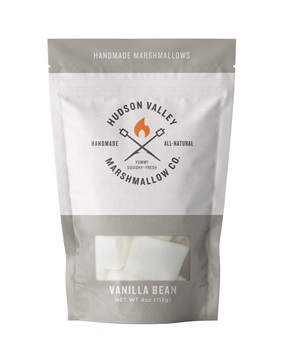 A stand-up pouch of Hudson Valley Marshmallow Co. Vanilla Bean handmade marshmallows, featuring a white and gray design with a clear window showing the marshmallows inside.