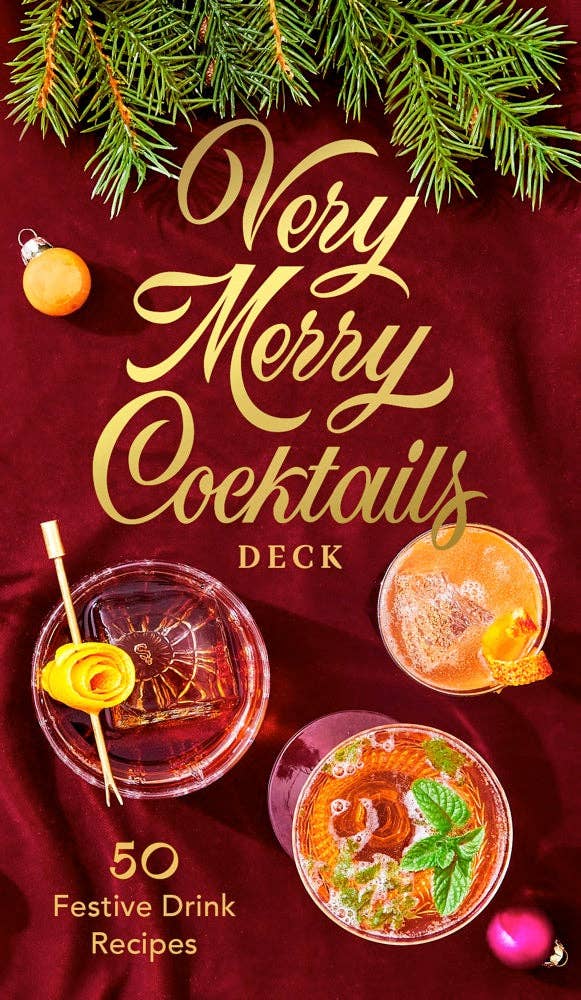 Red Box of Cards labeled Very Merry Cocktails Deck, filled with Recipes for holiday themed Drinks 