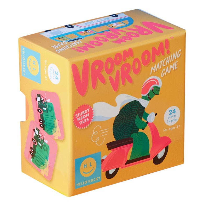 Vroom Vroom matching game box with turtle on scooter illustration