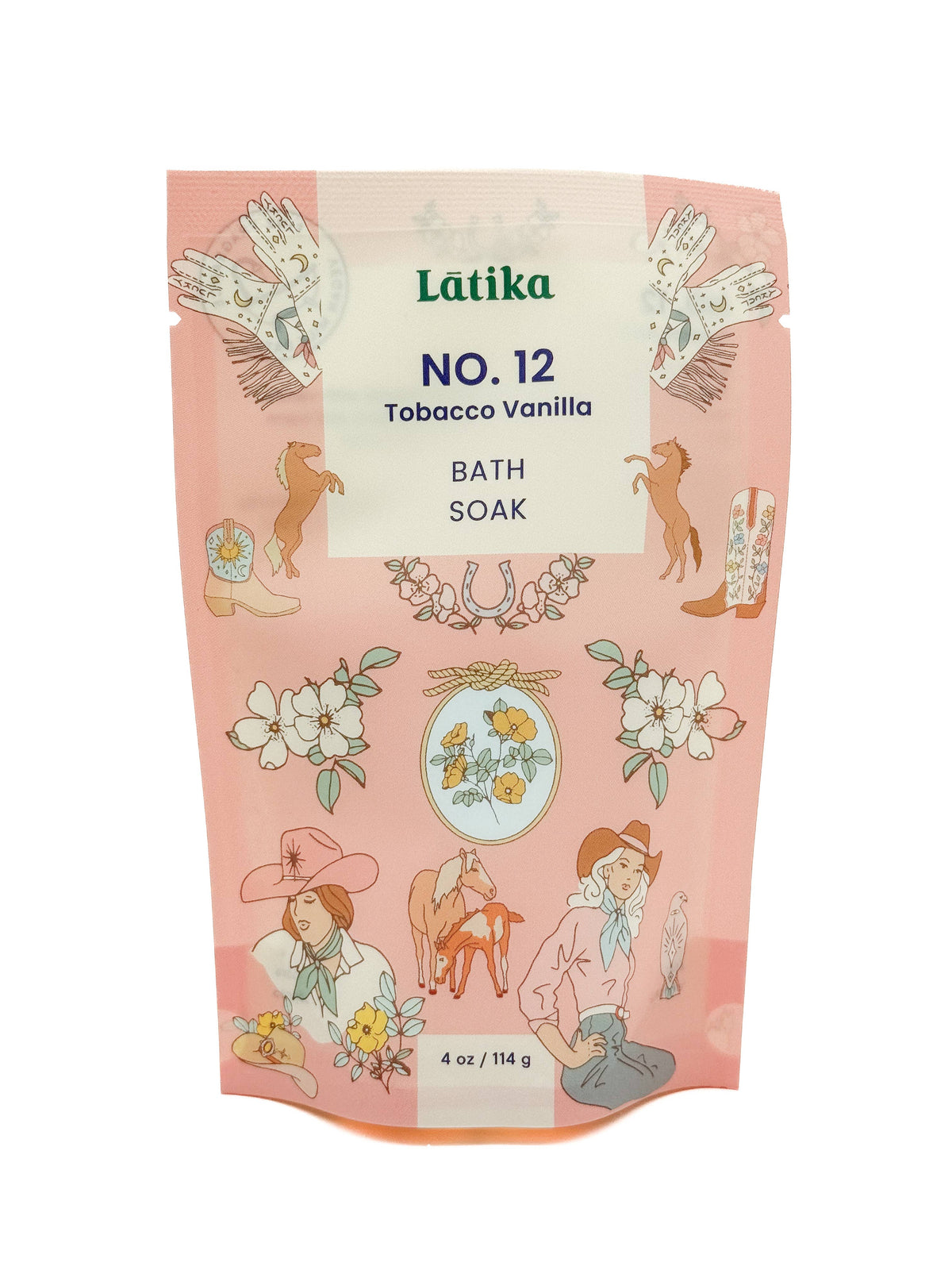 Pink packaging of Latika No. 12 Tobacco Vanilla Bath Soak with decorative illustrations on a white background.