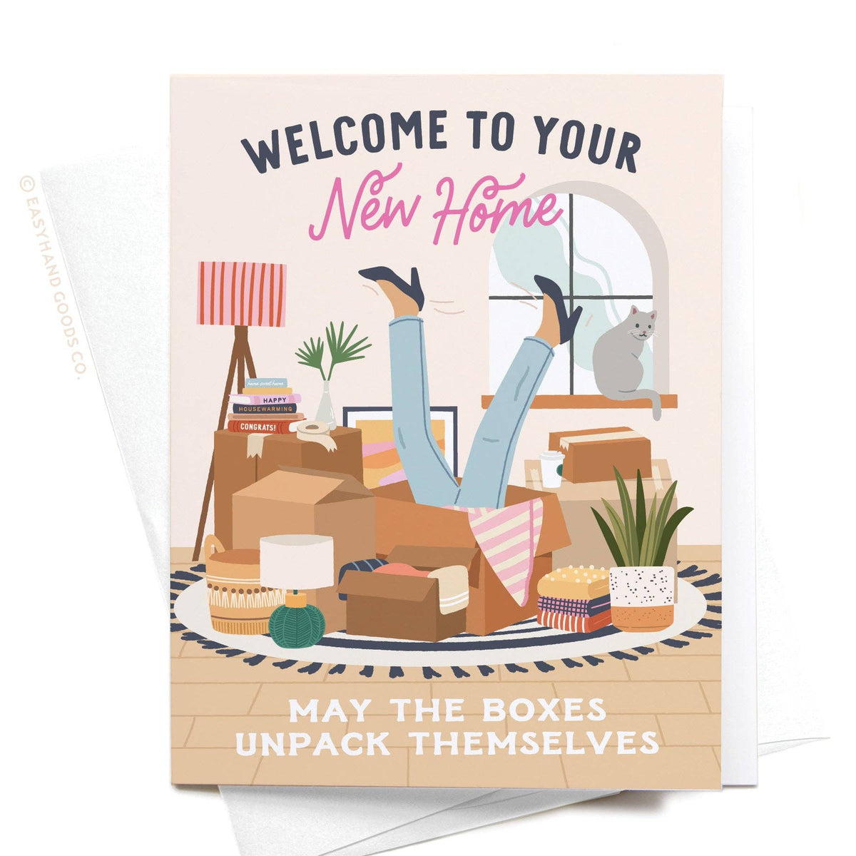 Greeting card with illustration of person unpacking boxes in a new home, text 'Welcome to your New Home' and 'May the boxes unpack themselves'.