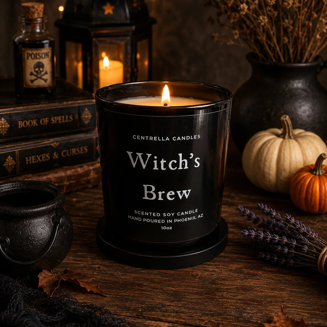 Black 10oz Candle labeled Witch's Brew 
