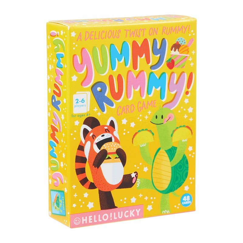 Yummy Rummy card game box with cartoon animals on a yellow background