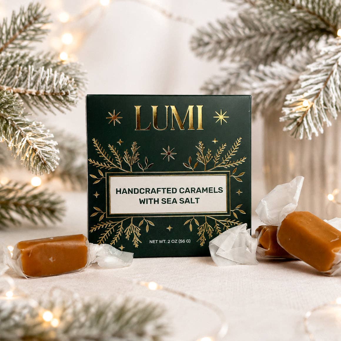 Holiday Handcrafted Caramels with Sea Salt – Green Box, 2 oz - vibeboxshop