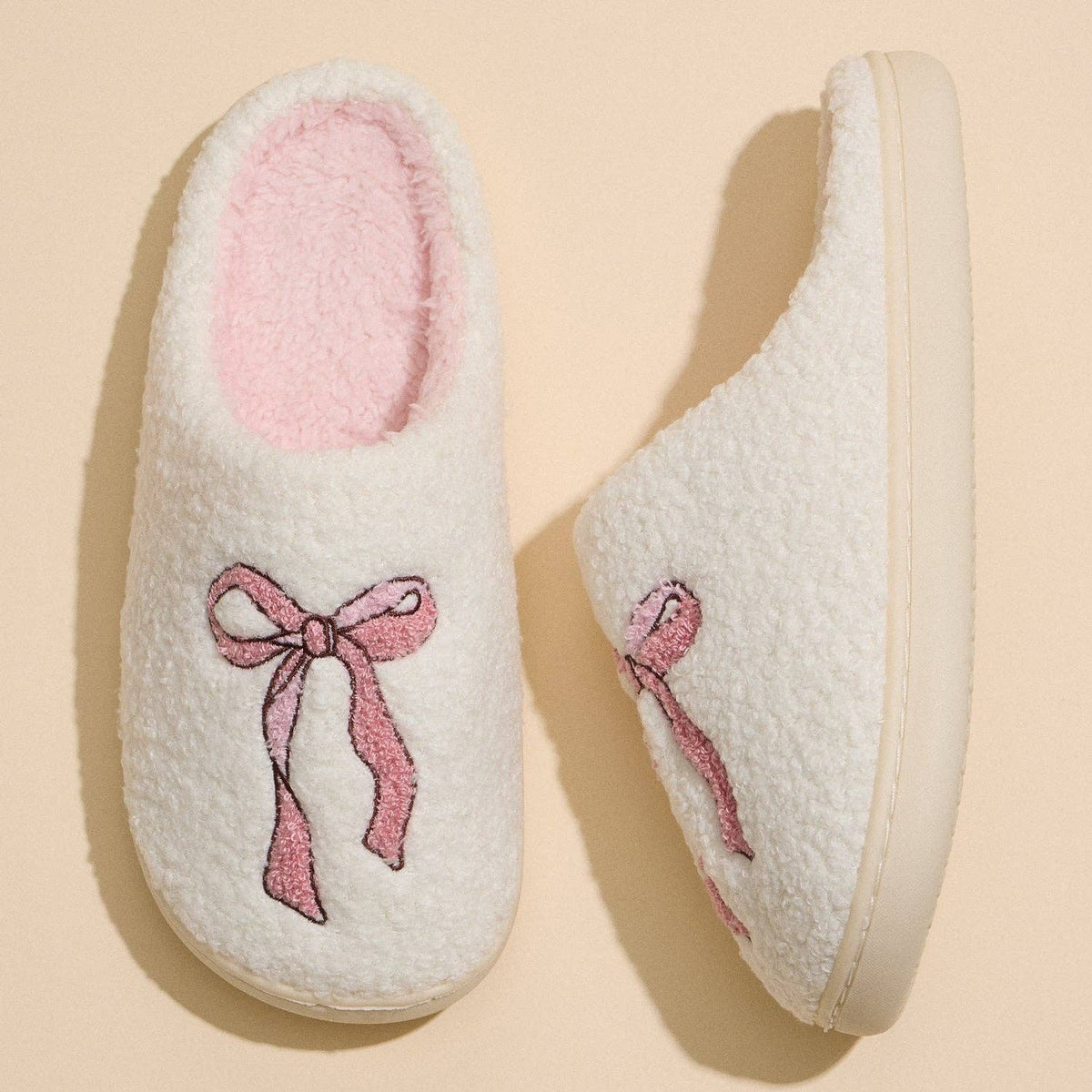 Pink Bow Plush Slippers - vibeboxshop