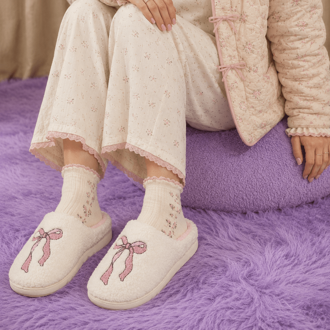 Pink Bow Plush Slippers - vibeboxshop