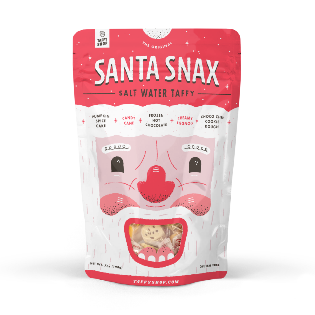 A stand-up pouch of Taffy Shop Santa Snax Salt Water Taffy, featuring a festive red and white design with a cartoon Santa face and a clear window showing the taffy inside.